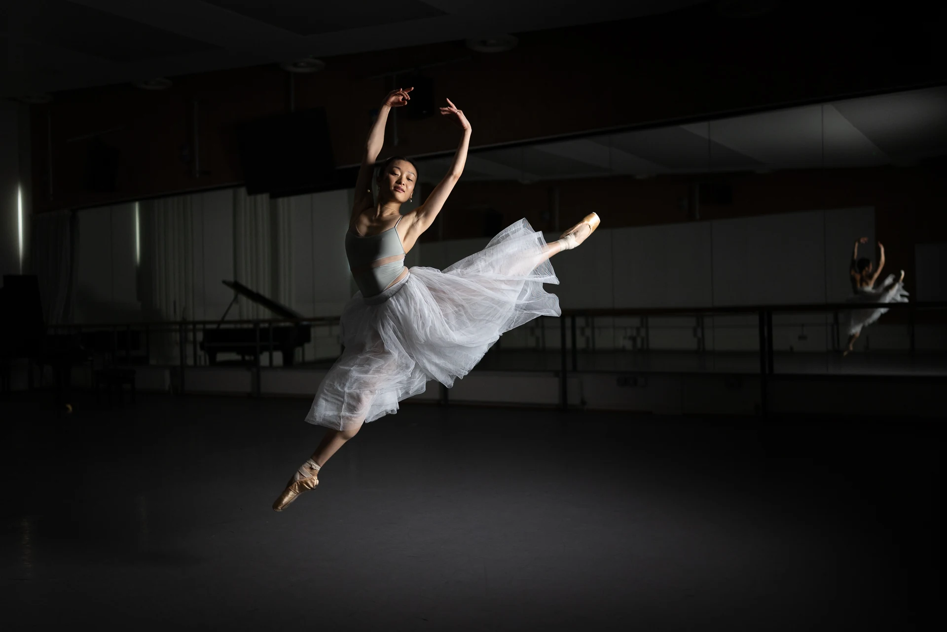 Ballerina in a white tutu, photographed in the Birmingham Royal Ballet studio
